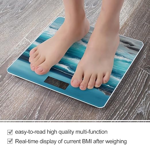 Turquoise Beach Original Seascape Scale for Body Weight Anti-Slip Tempered Glass Digital Bathroom Scales Clear LCD Display Weighing Scale Safe Rounded Corners Smart Scales