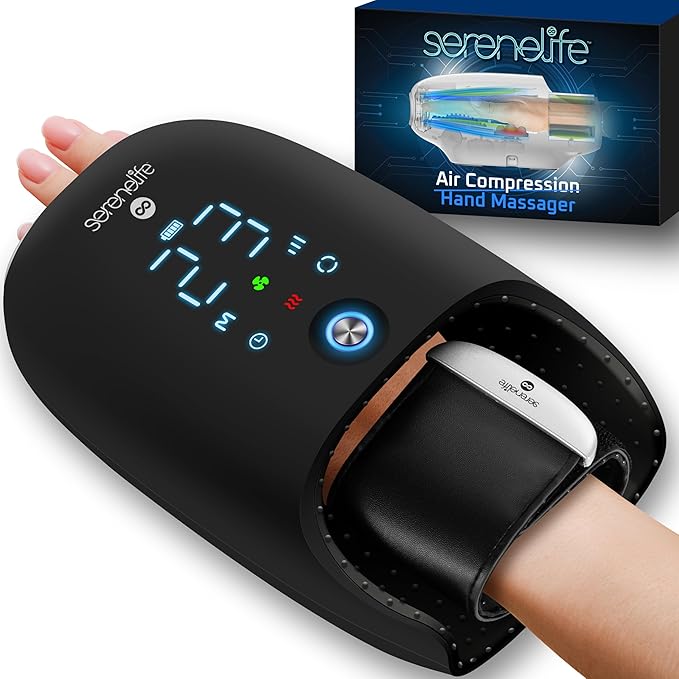SereneLife Hand Massager with Heat and Compression with Kneading 6 Modes 6 Intensity Levels 3 Timer Settings for Hand Relaxation Stress Relief and Muscle Tension Relief