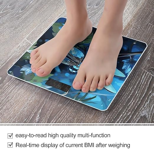 Art Blue Dragonfly Bathroom Scale for Body Weight Bathroom Weighing Scale with Backlit LCD Display Highly Accurate Measures Weight Up to 180kg