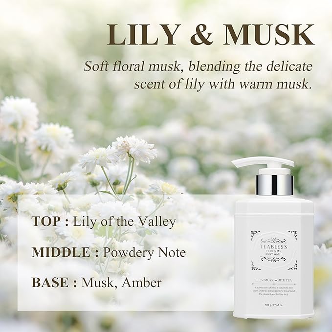 Lily Musk White Tea Perfumed Body Lotion &amp Body Wash Duo Set Dry Skin &amp Sensitive Skin Daily Hydrating Moisturizer &amp Shower Gel Non-Greasy Floral Musk Scent Korean Skin Care