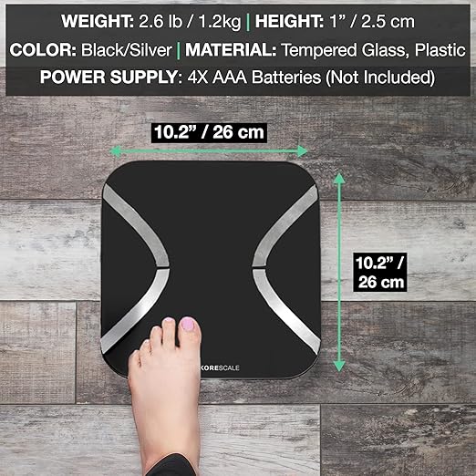 Korescale Gen2 Digital Smart Scale with BMI Body Fat Muscle Mass Weight | Highly Accurate Bathroom Scales Bluetooth Composition Analyzer | Compatible with KoreHealth Apple Health App (Black)