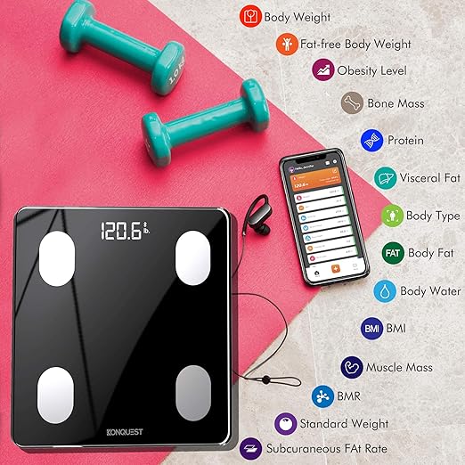 KONQUEST Smart Scale for Body Weight Digital Bathroom Scale BMI Weighing Bluetooth Body Fat Scale Body Composition Monitor Health Analyzer with Smartphone App 400 lbs - Black