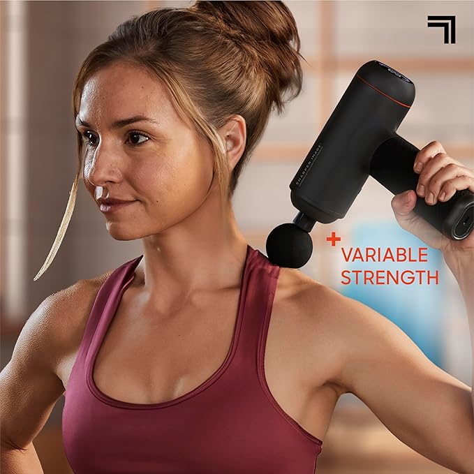 Sharper Image Deep Tissue Percussion Massage Gun Powerboost MAX Rechargeable Handheld Massager 7 Adjustable Speeds 6 Attachment Heads &amp Carrying Case Full Body Muscle Pain Relief Black