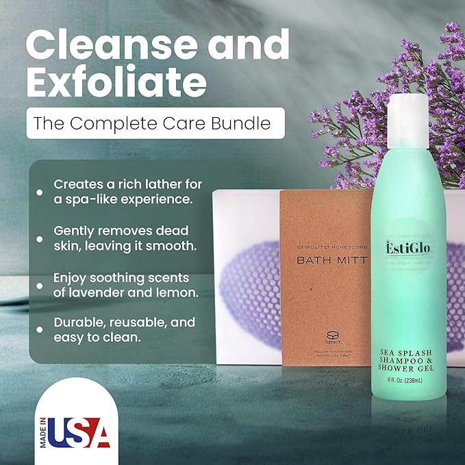 Sea Shampoo Shower Gel 8oz Bundle with Supracor Bath Mitt-Shampoo Bath Gel &amp Exfoliating Glove Dead Skin Remover for Body-Exfoliator Glove Honeycomb Face Scrubber Exfoliating Mitt for Body