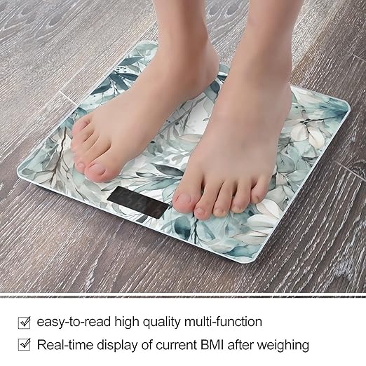 Leaves of Plant Scale for Body Weight Anti-Slip Tempered Glass Digital Bathroom Scales Clear LCD Display Weighing Scale Safe Rounded Corners Smart Scales