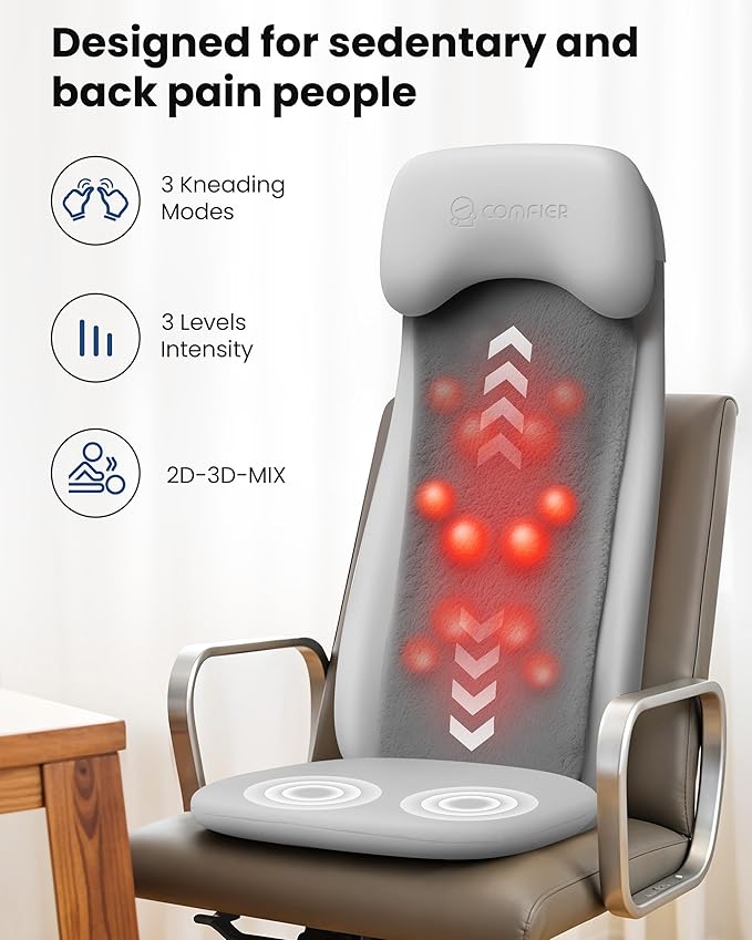 COMFIER Shiatsu Back Massager with Heat Deep Tissue Kneading Chair Massager with Vibration 2D/3D Shiatsu Massage Seat Cushion Full Back Massage Chair Pad