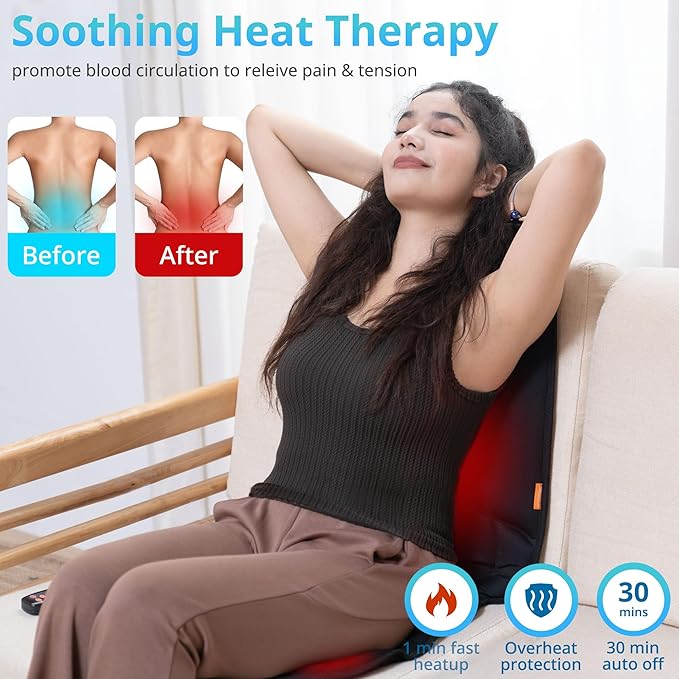 10 Vibration Motors Massage Seat Cushion with HeatBack Massager for Chair Back Massager Heated Seat Cover Massage Chair Pad for Pain Relief Home Office Use