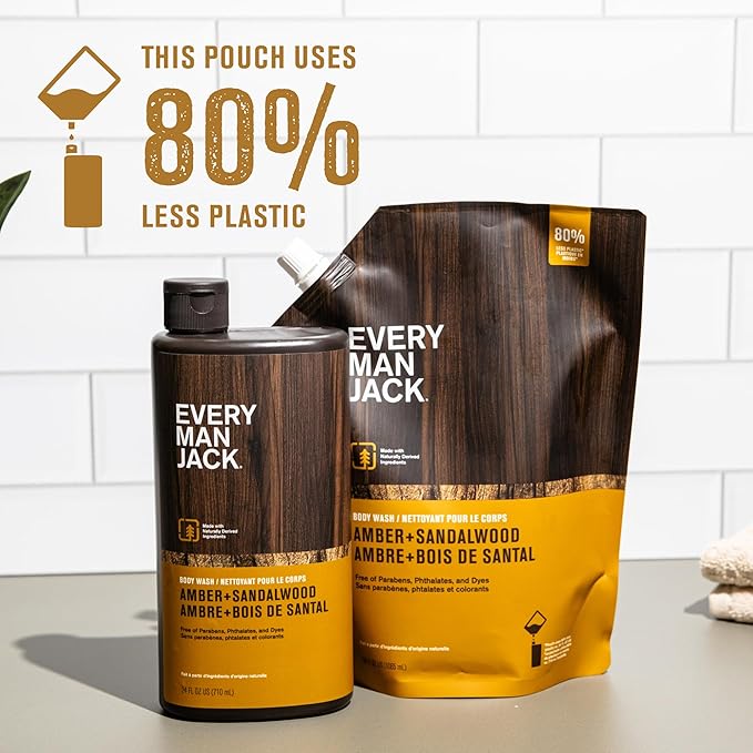 Every Man Jack Amber + Sandalwood Mens Body Wash Refill Starter Pouch - Cleanse Nourish and Hydrate Skin - Naturally Derived Ingredients - Paraben Free Phthalate Free Dye Free - (2-36oz pouches)