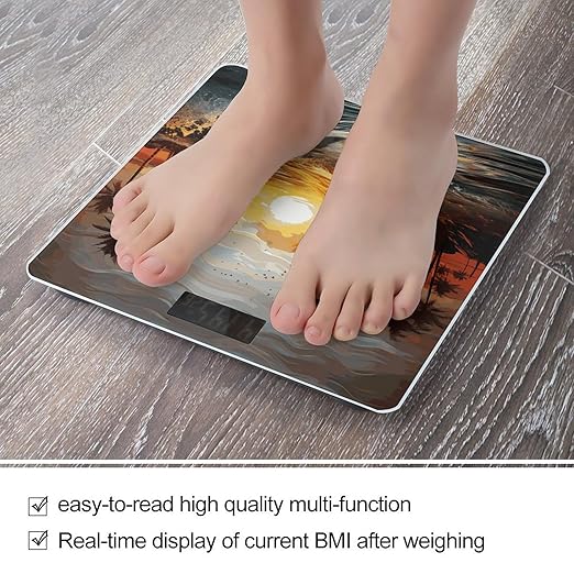 Palm Trees Ocean Waves Sunset Bathroom Scale Automatic Power On/Off Body Scales LCD Backlight Display Square Digital Scale Rounded Corners Bathroom Scales for Home Bedrooms
