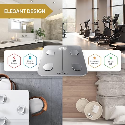 INEVIFIT Smart Body Fat Scale Highly Accurate Bluetooth Digital Bathroom Body Composition Analyzer Measures Weight Body Fat Water Muscle Visceral Fat &amp Bone Mass for Unlimited Users (Silver)