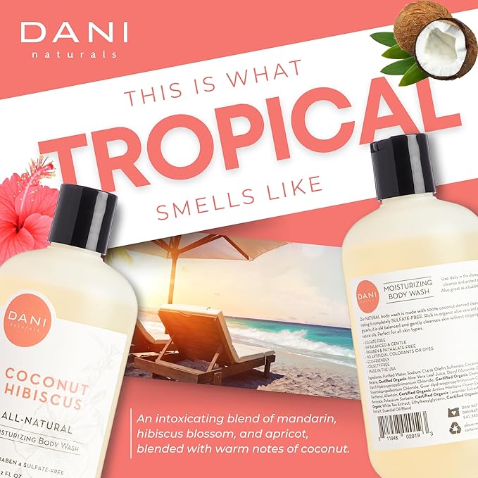 DANI Naturals Moisturizing Body Wash - Tropical Coconut Hibiscus Scent with Organic Aloe Vera &amp Natural Glycerin - Paraben &amp Sulfate-Free Shower Gel - 12 oz - Vegan &amp Cruelty-Free