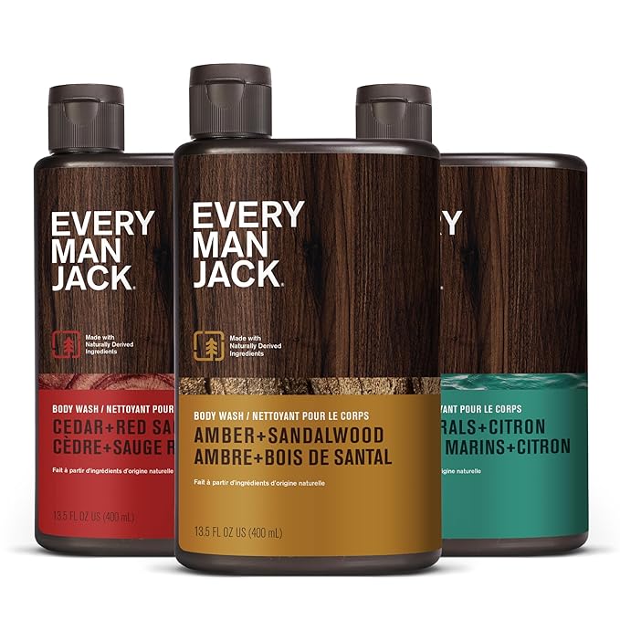 Every Man Jack Men's Body Wash Variety Pack - Includes 3 Body Washes with Natural Ingredients &amp Incredible Scents - Amber + Sandalwood Cedar + Red Sage Sea Minerals + Citron Fragrances (3 Pack)