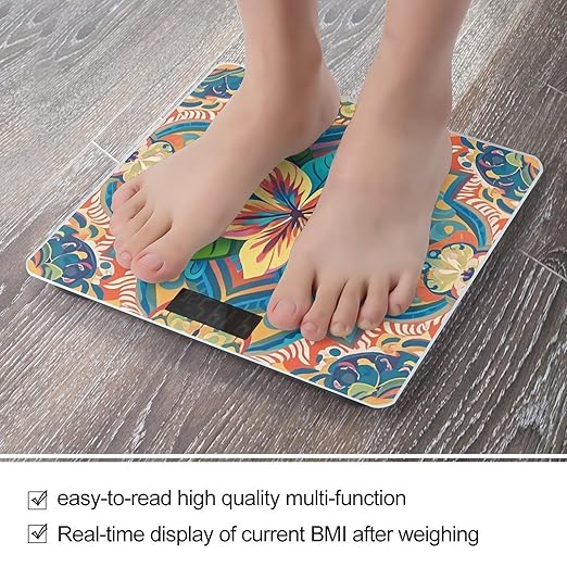 Flowers and Hawaiian Tribal Patterns Scale for Body Weight Sturdy Tempered Glass Weighing Scales with LCD Display Accurate Digital Bathroom Scale Convenient Body Fat Smart Scales Easy Read