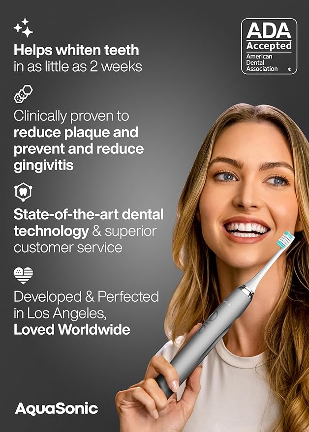 Aquasonic Vibe Series Ultra-Whitening Toothbrush – ADA Accepted Electric Toothbrush - 8 Brush Heads &amp Travel Case – 40000 VPM Motor &amp Wireless Charging - 4 Modes w Smart Timer – Charcoal Meta
