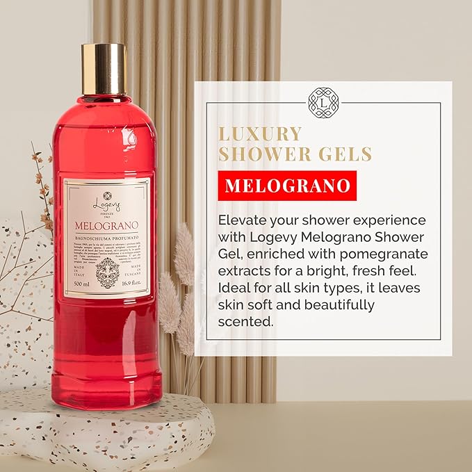 Logevy Melograno Shower Gel – Indulgent Pomegranate Aroma Made from the Best Skin-Friendly Ingredients Rich in Nutritional Properties for Rejuvenating Hydrating and Soothing Action – 500ml