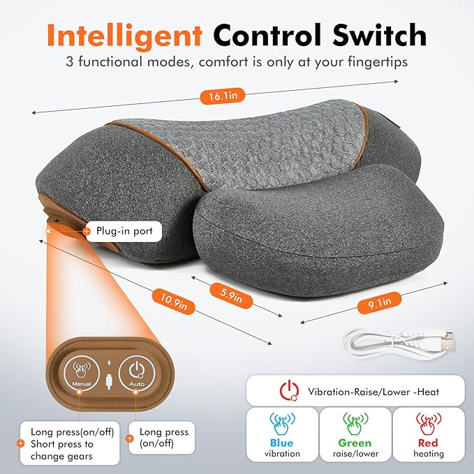Neck Pillow - 3-in-1 Wireless Neck Pillow with Battery Travel Neck Massage Pillow for Shoulder Pain Relief Deep Tissue Pain Relief with Heat and Stretching Neck Hump Corrector for Women