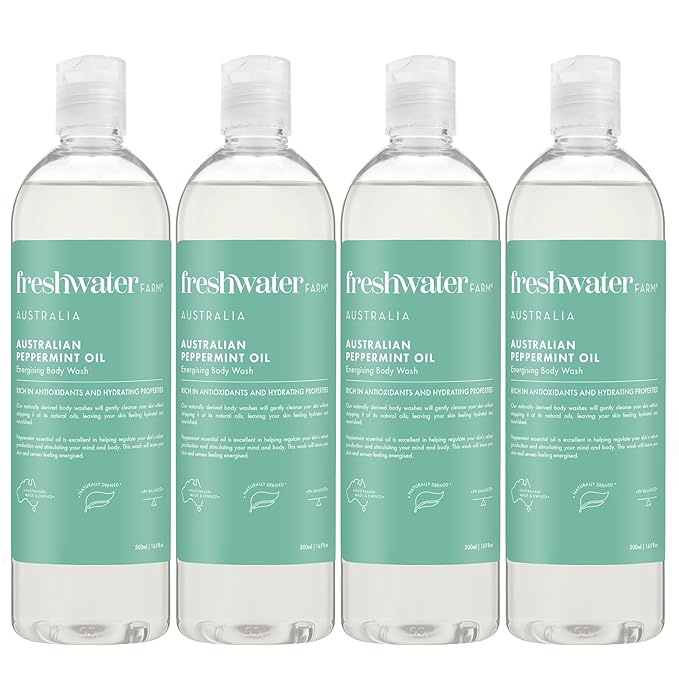 Freshwater Farm Australia Naturally Derived Shower Gel Body Wash - Paraben Phthlate Free Energizing Australian Peppermint Oil - Moisturizing Body Wash for Women - 16.9 fl oz 4PK