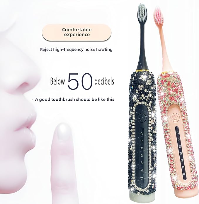 Electric Toothbrush for Woman Black Bling Diamond Decor Everyday Luxury Limited Edition Portable Travel Essentials for Women Black Toothbrush with 3 Replacement Heads 6 Modes