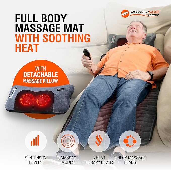 Powermat Full Body Massage Mat with Heat - Shiatsu Back Massager Pad for Bed Chair &amp Recliner - Electric Vibrating Heating Pad - Whole Body Massager Mat for Pain Relief - Massage Mattress by Powe
