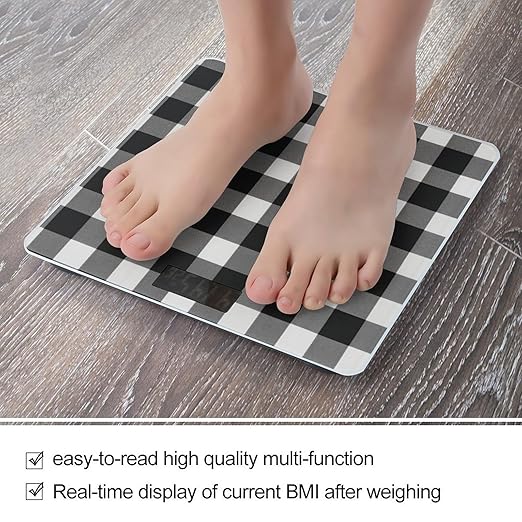 Black and White Plaid Bathroom Scale for Body Weight LCD Display Digital Bathroom Scale Tempered Glass Bathroom Weight Scales Fashion Smart Scales for Home Bedroom 400 Lb
