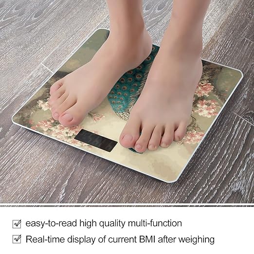 Oriental Peacock on Flower Tree Bathroom Scale Ultra-Bright Liquid Crystal Screen Weight Scale Accurate Bathroom Body Scales for Body Weight Bathroom Pet Home Bedroom Gift-Giving