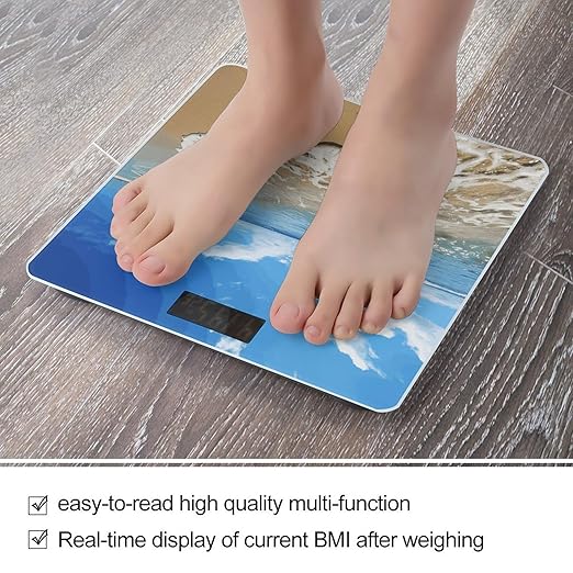 Sea and Beach Scale for Body Weight Anti-Slip Digital Bathroom Scale Sturdy Toughened Glass Weighing Scales High Precision Safe Rounded Corners Smart Scales