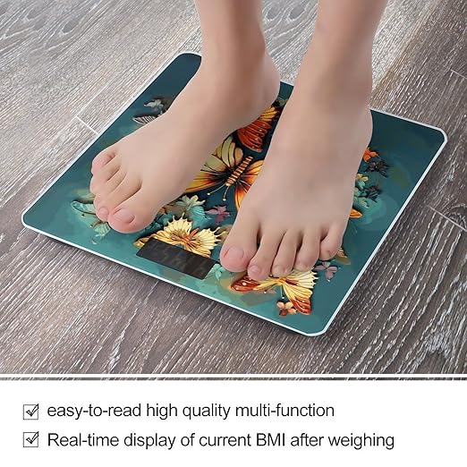 Colorful Butterfly Embroidery Paintings Digital Bathroom Scale for Body Weight with High Precision Digital Weighing Scale with BMI Clear LCD Display and Step-On Measures Weight Up to 180kg