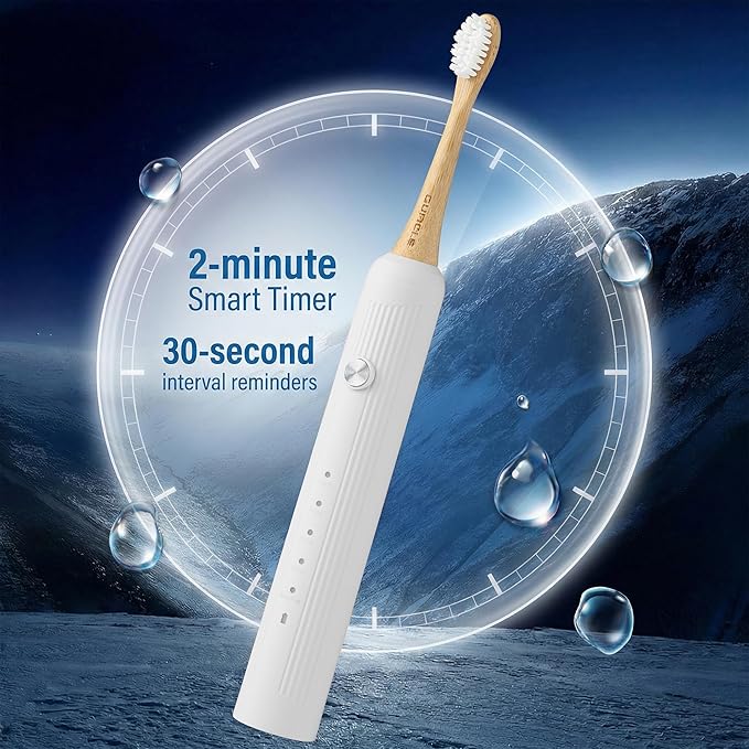 Bamboo Electric Toothbrush for Adults Electric Toothbrush with 4 Bamboo Heads Soft Castor Oil Bristles 5 Modes Smart Timer Sonic Technology IPX7 Waterproof 70-Day Battery Life-White