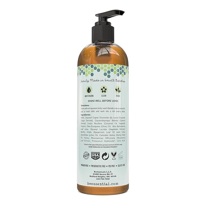 Beessential Natural Body Wash Spearmint Lime Sulfate-Free Bath and Shower Gel with Essential Oils for Men &amp Women 16 oz