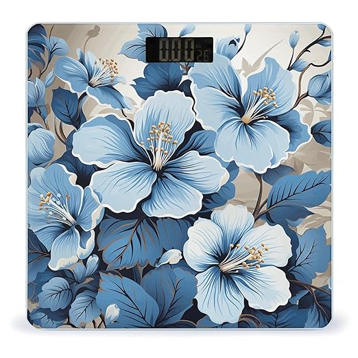 Blue Hibiscus Flower Bathroom Scale for Body Weight LCD Display Digital Bathroom Scale Tempered Glass Bathroom Weight Scales Fashion Smart Scales for Home Bedroom 400 Lb