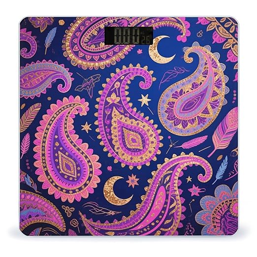 Bohemian Paisley Printed Bathroom Scale for Body Weight Bathroom Digital Electronic Weighing Scale with Back Lit LED Display Sturdy Tempered Glass Weight Watchers Scales 400lb