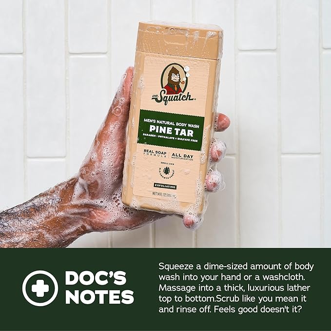 Dr. Squatch Natural Men's Body Wash Shower Gel - Cleansing Nourishing Long Lasting Scent Moisturizing Body Wash for Men - Pine Tar + Coconut Castaway (14 oz 2-Pack)