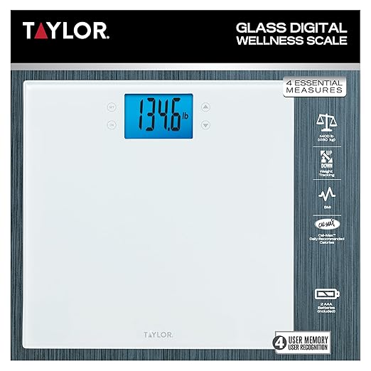 Taylor Digital Body Composition Scale w/Cal-Max Bathroom Scale for Body Weight Measures Body Fat Body Water &amp Muscle Mass Percentages 4 User Recognition FSA HSA Eligible 400 lb Capacity Wh