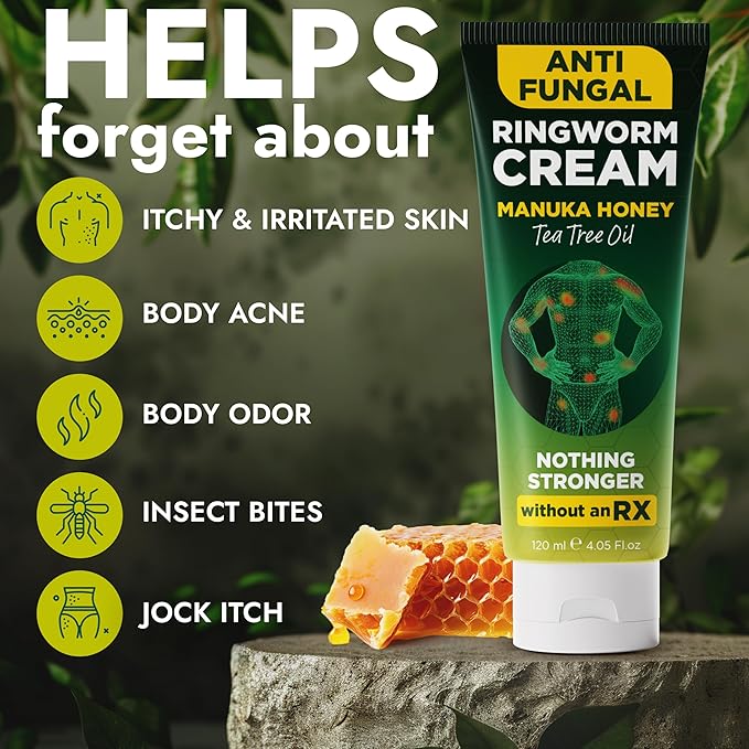 Antifungal Body Care Bundle – Tea Tree Oil Body Wash (16.9 oz) with Silicone Scrubber + Manuka Honey &amp Tea Tree Oil Cream (120ml) – Soothes Itchy Irritated Skin for Men &amp Women