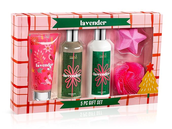 Fragrance Bath &amp Body Collection Gift Box Includes Shower Gel Body Lotion Body Scrub Bath Bomb &amp Sponge (Lavender - Pink) – Mother's Day Gift for Mom