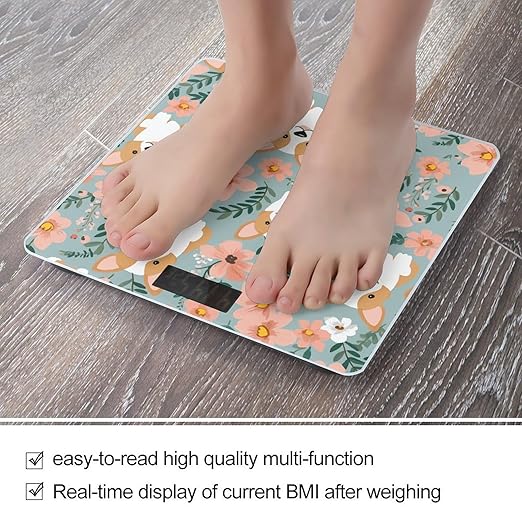 Corgi Floral Flowers Spring Garden Scale for Body Weight Sturdy Tempered Glass Weighing Scales with LCD Display Accurate Digital Bathroom Scale Convenient Body Fat Smart Scales Easy Read