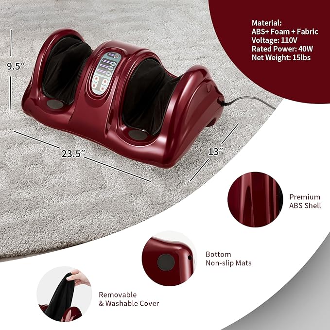 RELAX4LIFE Shiatsu Foot Massage Machine Rolling Massager with Remote Control 4 Programs 3 Modes Touch Panel Electric Calf Deep Kneading for Plantar FasciitisTired Muscle Massaging (Burgundy)