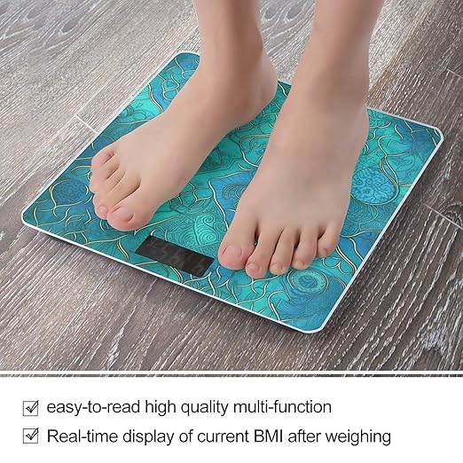 Turquoise Pattern Scale with LCD Precision Weighing Scales Sturdy Tempered Glass Weight Scales Easy-to-Read Anti-Slip Weight Digital Bathroom Scale for Daily