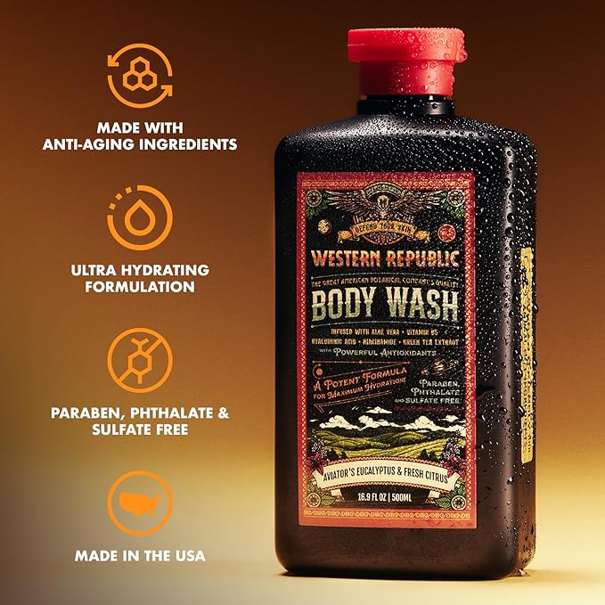 Men's Body Wash | Aviator's Eucalyptus &amp Fresh Citrus Scent | Hydrating &amp Anti-Aging Formula with Aloe Niacinamide &amp Hyaluronic Acid (2 Pack) | Made in USA