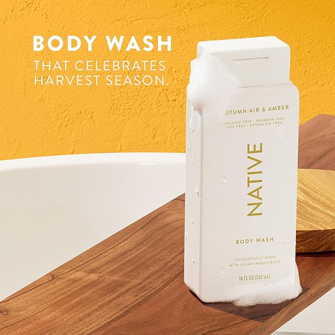 Native Body Wash with Naturally Derived Ingredients - Autumn Air &amp Amber - For Women &amp Men Sulfate Paraben &amp Dye Free Leaving Skin Soft and Hydrating | Fall Seasonal Scent Bundle 18 oz