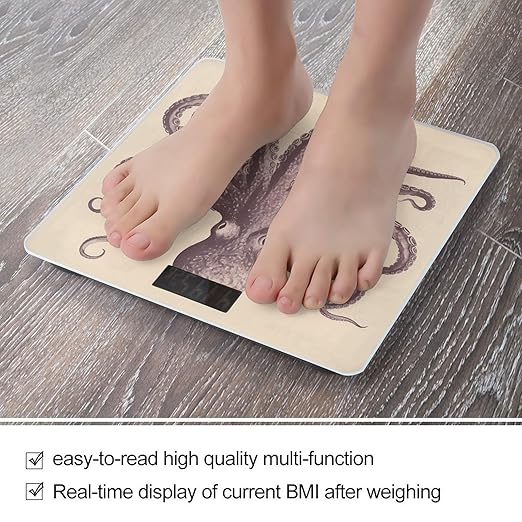 Vintage Octopus Scale for Body Weight Anti-Slip Tempered Glass Digital Bathroom Scales Clear LCD Display Weighing Scale Safe Rounded Corners Smart Scales