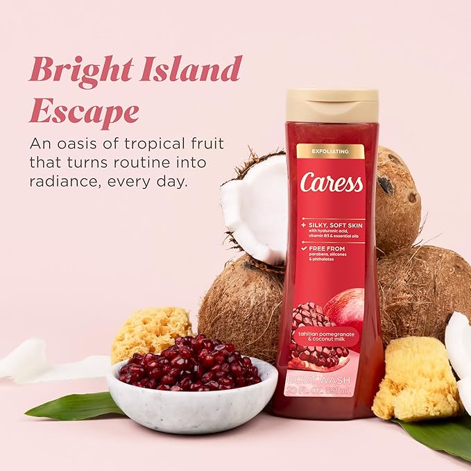 Caress Tahitian Pomegranate &amp Coconut Milk Exfoliating Scrub Body Wash with Hyaluronic Acid &amp Vitamin B3 for Moisturized Silky Soft Skin Long-Lasting Fragrance 20 fl oz (4 Pack)