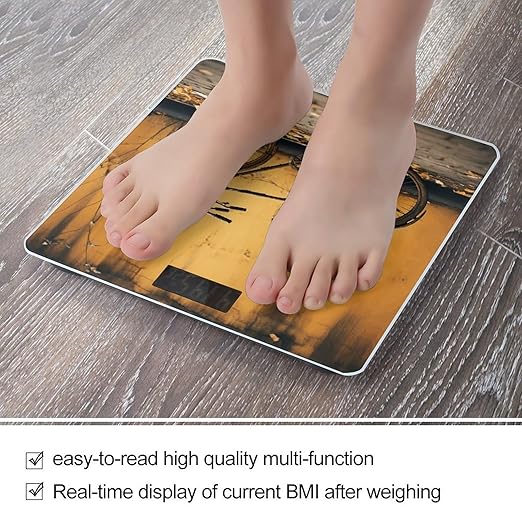 Old Rusty Vintage Bicycle Scale for Body Weight Anti-Slip Tempered Glass Digital Bathroom Scales Clear LCD Display Weighing Scale Safe Rounded Corners Smart Scales
