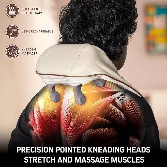 FIRSTHEALTH Neck and Shoulder Massager with Heat Deep Tissue Shiatsu Back Massager USB-C Rechargeable Kneading Massage for Pain Relief Gifts for Men Women