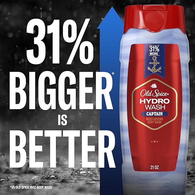 Old Spice Moisturizing Body Wash for Men Hydro Wash 2-in-1 Long Lasting Scent &amp Deep Hydration 24/7 Shower Fresh Captain Scent 21 oz (Pack of 4)
