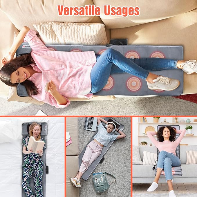 Massage Mat Full Body Massage Mat with 10 Vibrating Motors &amp 9 Modes Back Massager with Heat Massager Mattress Pad for Back Heating Pad with Auto Shut Off
