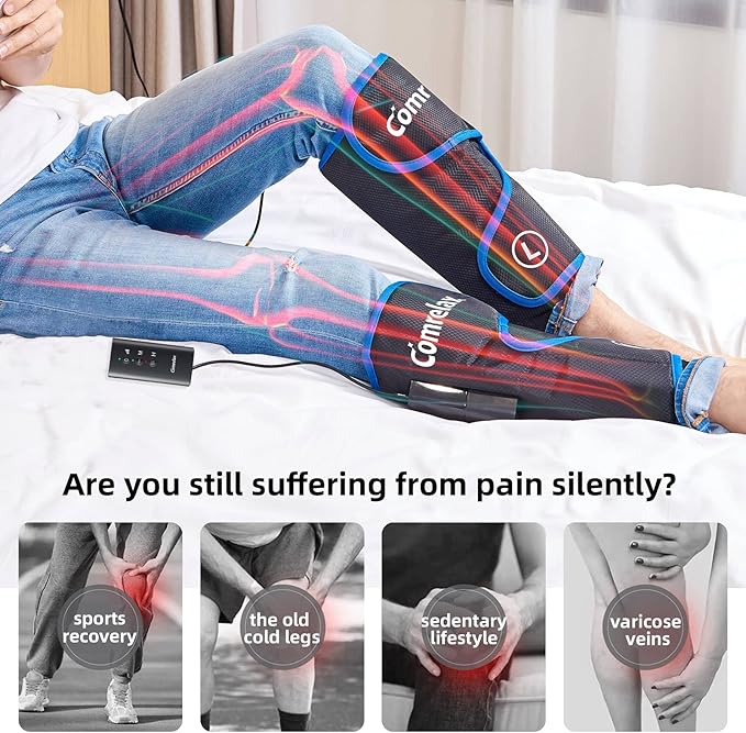 Rechargeable Leg Massager with Heat for Circulation Air Compression Pain Relief Calf Foot Massager Electric Machine Massage Handheld Controller 3 Intensities 3 Modes