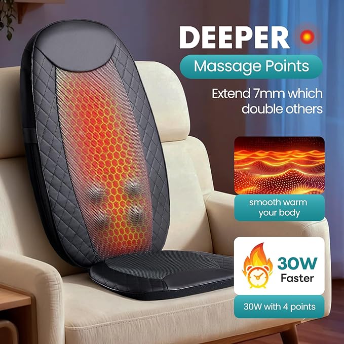 OLIXIS Massage Chair Pad with Heat Chair Massager with 4 Deep-Kneading for Office Home Shiatsu Back Massager for Pain Relief Portable Folding Grey