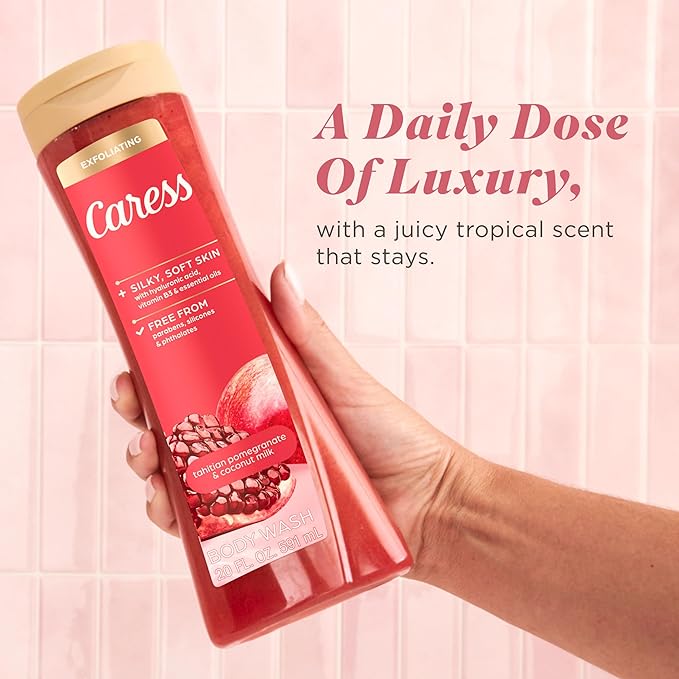 Caress Tahitian Pomegranate &amp Coconut Milk Exfoliating Scrub Body Wash with Hyaluronic Acid &amp Vitamin B3 for Moisturized Silky Soft Skin Long-Lasting Fragrance 20 fl oz (4 Pack)