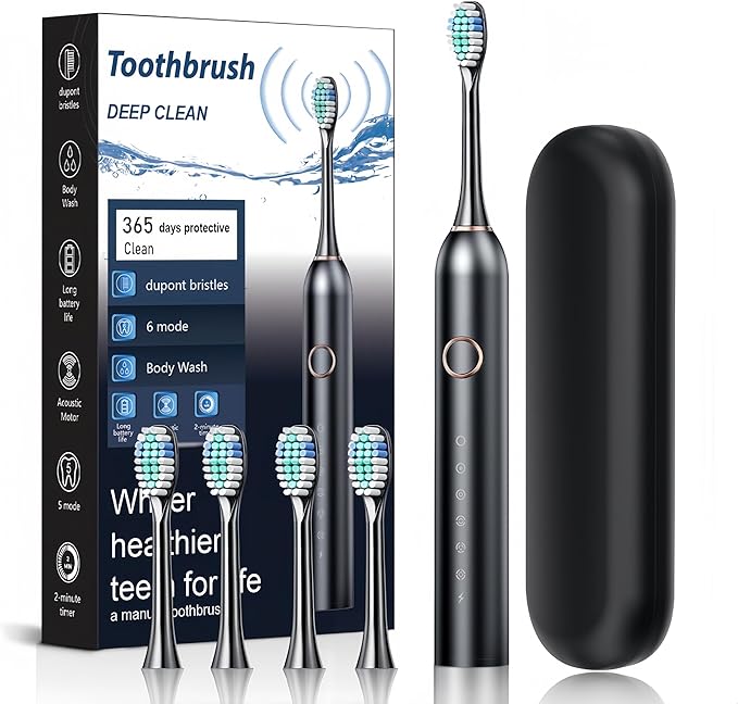 Electric Toothbrush - 6 Modes Smart Timer 0.02mm Soft Brush Heads (4 Pack) Wireless Charging with Portable Travel Case